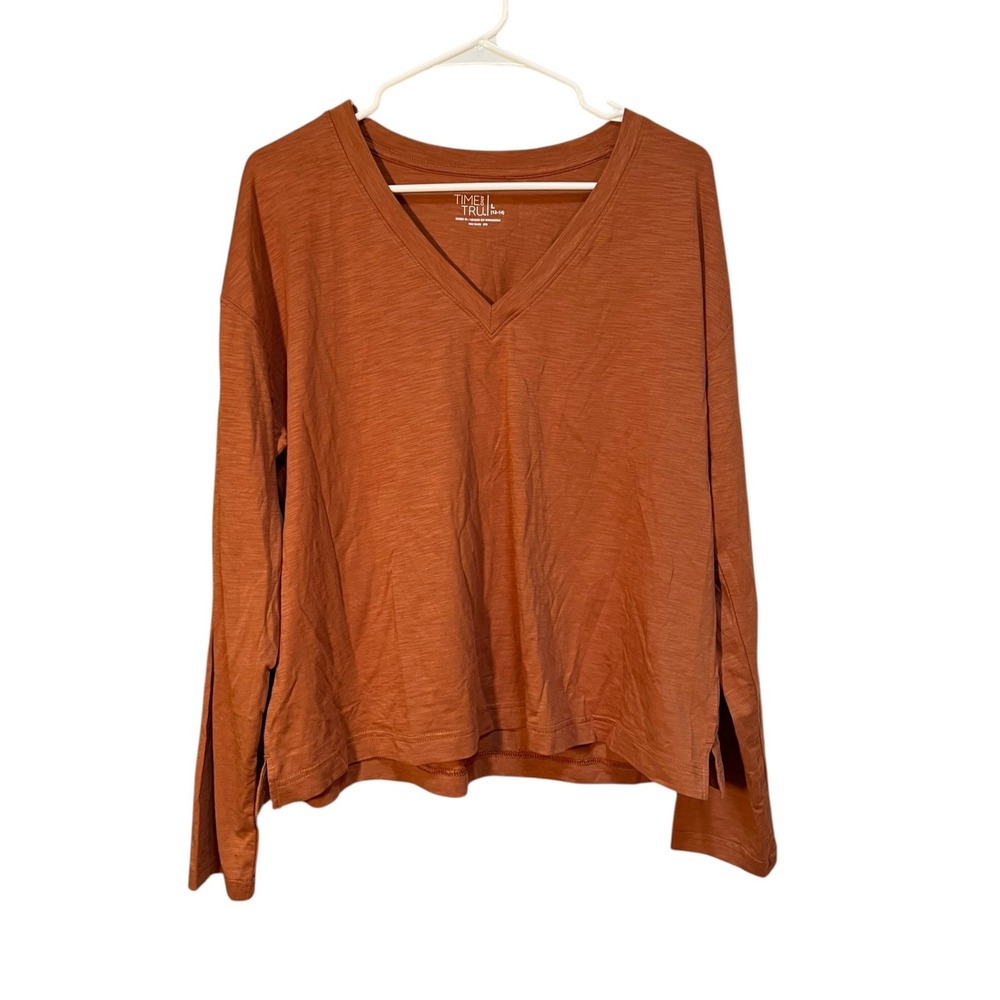 Time and Tru Women's Sz Large 12-14 Long Sleeve T-Shirt V-Neck Rust Orange Brown